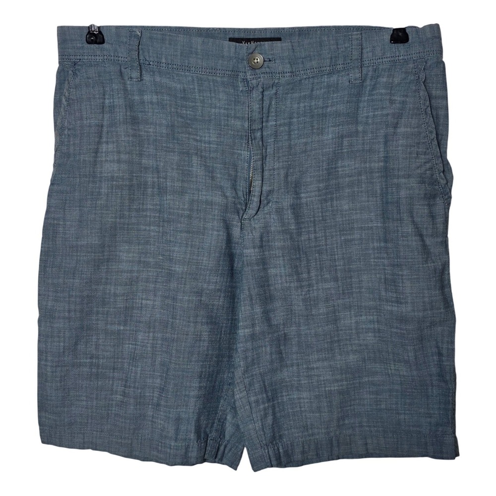 Van Heusen Mens Blue Cotton Chambray Flat Front Shorts Size 34 Summer Casual